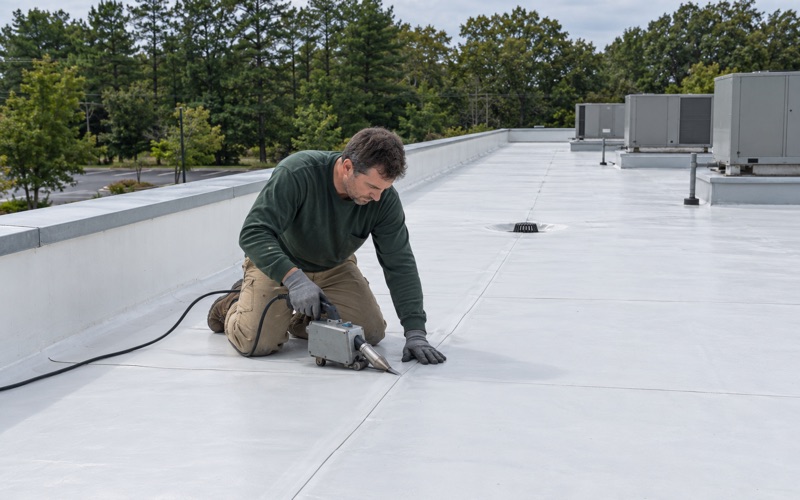 A roofer welding a seam on a new white membrane roof of a one-story commercial building in Jackson Township.