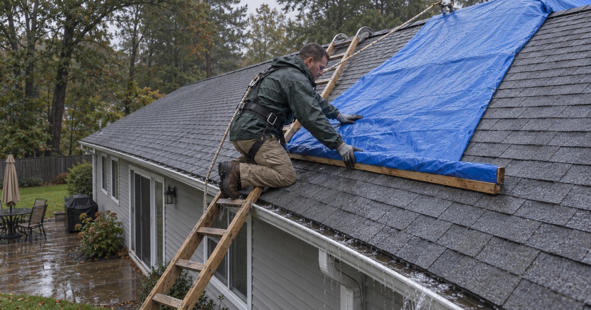 A blue tarp being battened over a storm-damaged roof in the rain on a Jackson Township ranch.