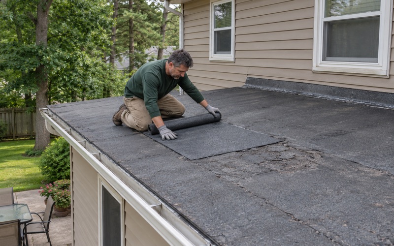 A roofer pressing down a new patch on the low-slope roof over a rear addition of a Jackson Township split-level.