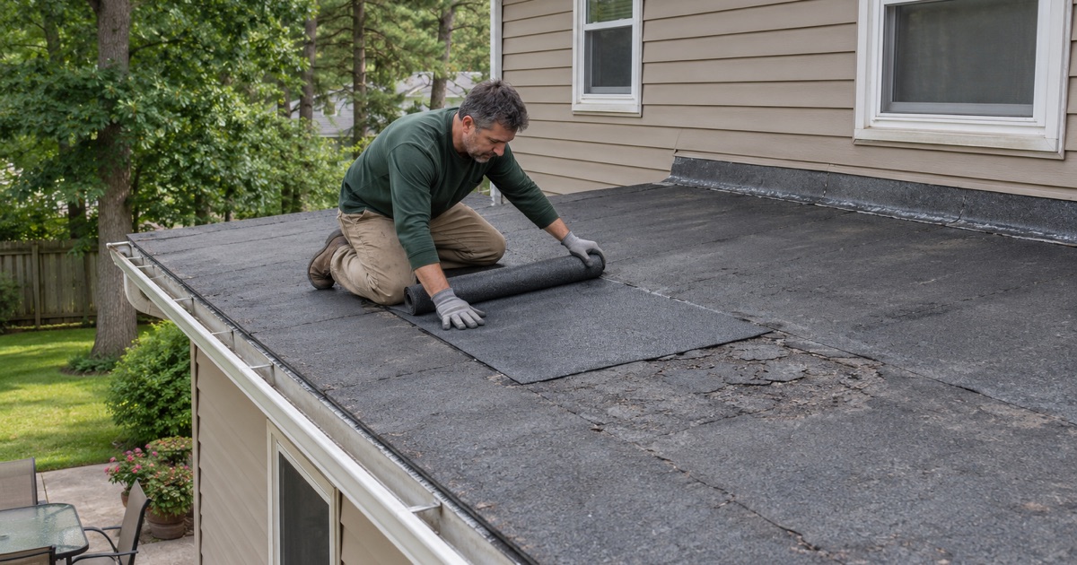 A roofer pressing down a new patch on the low-slope roof over a rear addition of a Jackson Township split-level.