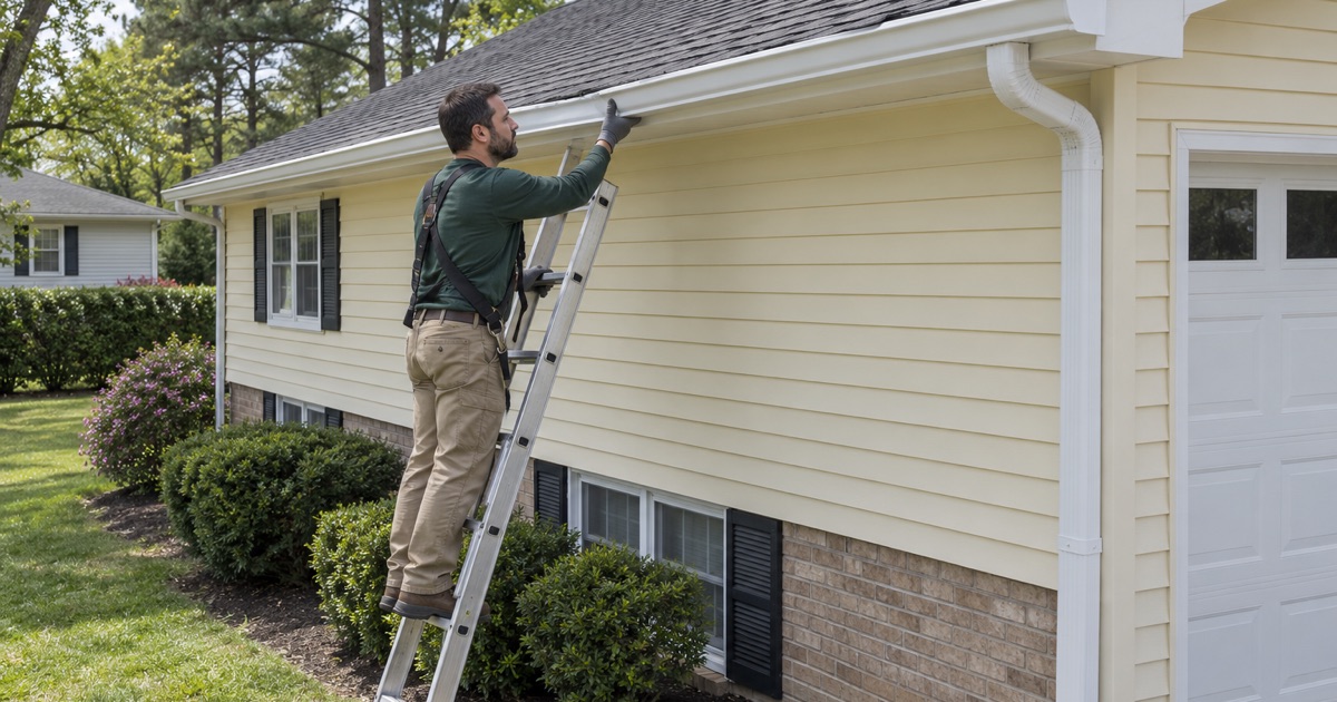 A new seamless gutter being fitted along the eave of a Jackson Township split-level.