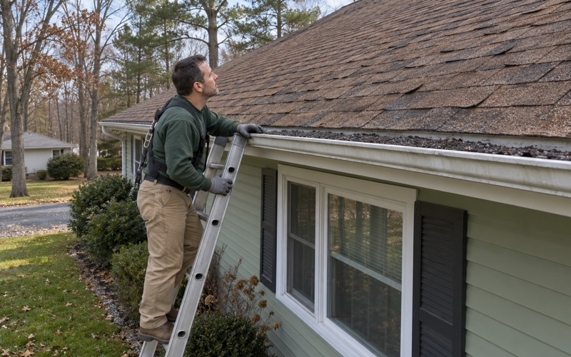 A roofer on a ladder checking an aging roof at the gutter line of a Jackson Township ranch, loose granules in the trough.
