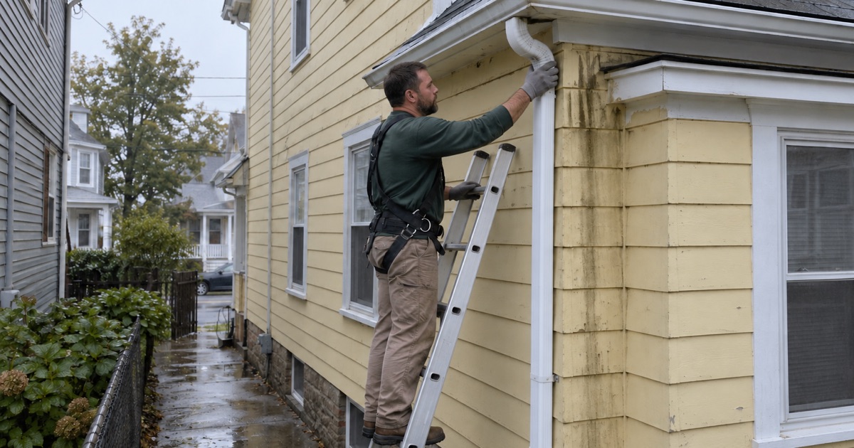 A roofer reconnecting a downspout to carry heavy rain off the roof of a prewar Asbury Park house.