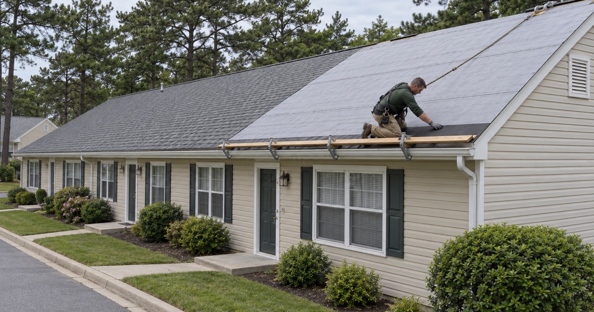 New shingles going on a building of attached homes in Cedar Glen Lakes