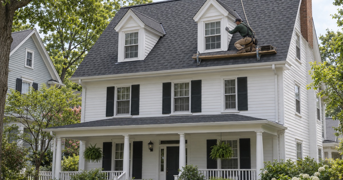 A roofer re-shingling a dormer to match on an older house in Eatontown’s historic village core.