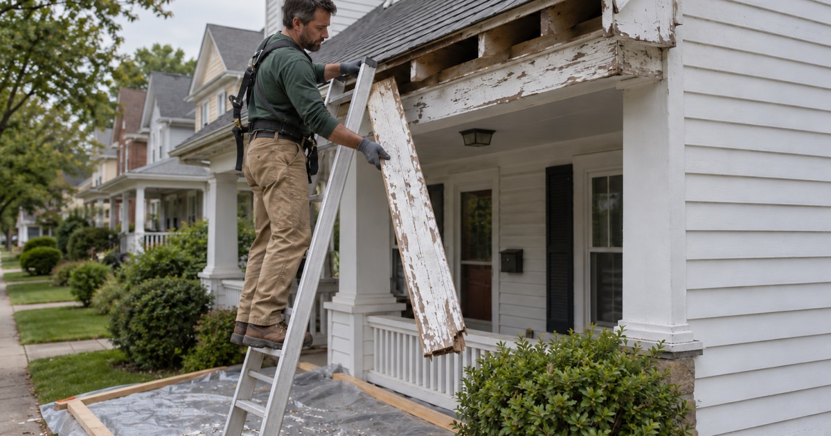 A roofer taking down an old painted fascia board over plastic sheeting during lead-safe roof work in Florence.