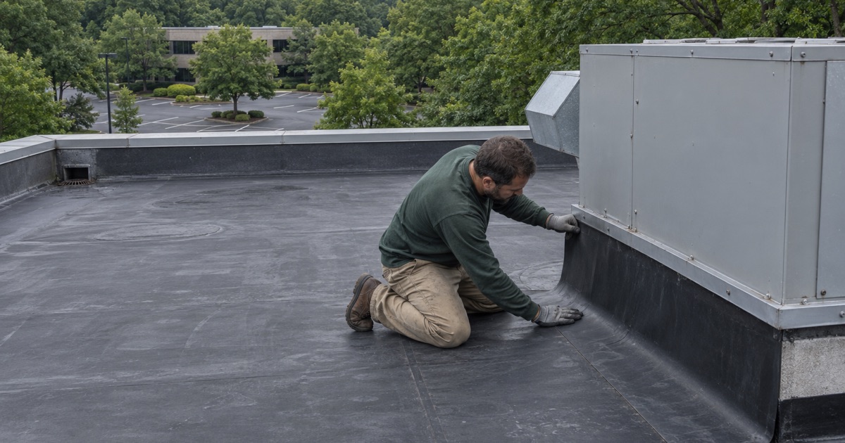 A roofer flashing the curb of a rooftop unit on a low-slope office building roof in Holmdel.