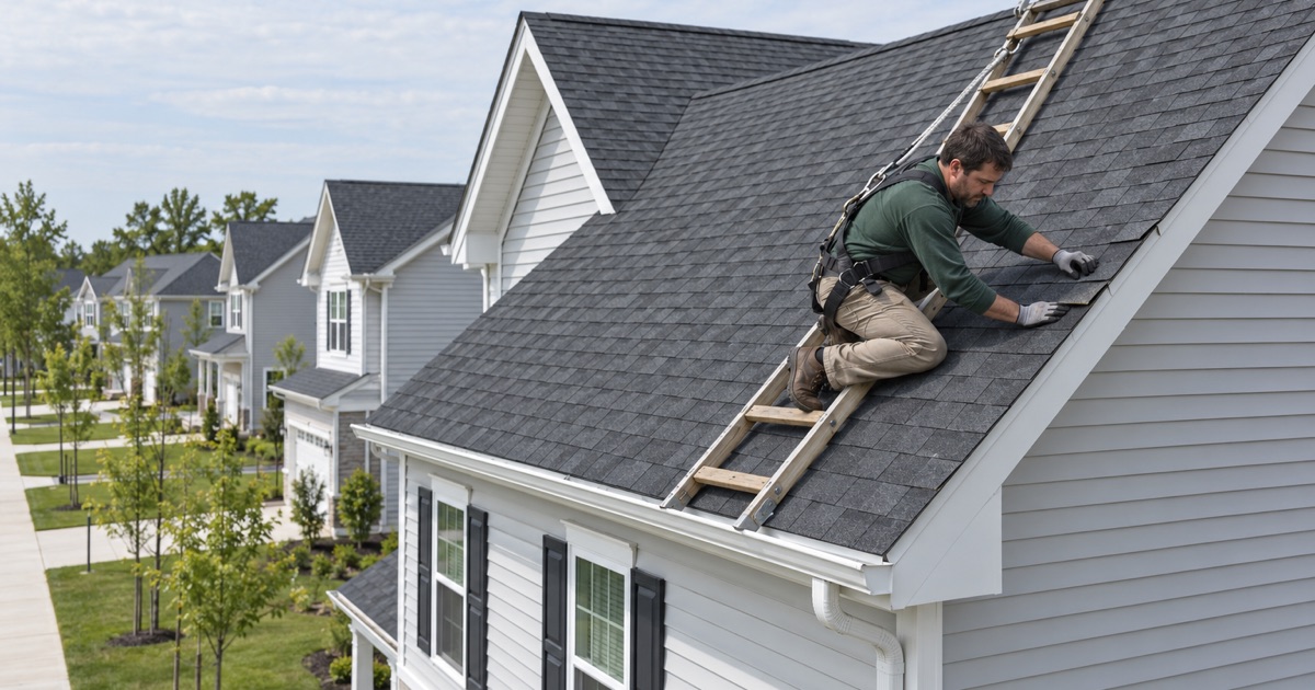 A roofer sealing down a lifted shingle on a brand-new house in Lakewood during its first year.