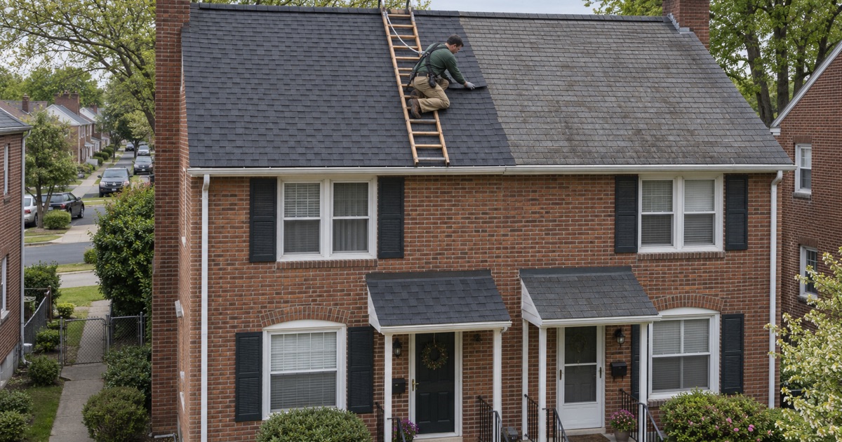 A new roof tied in at the property line of an attached home in Lumberton