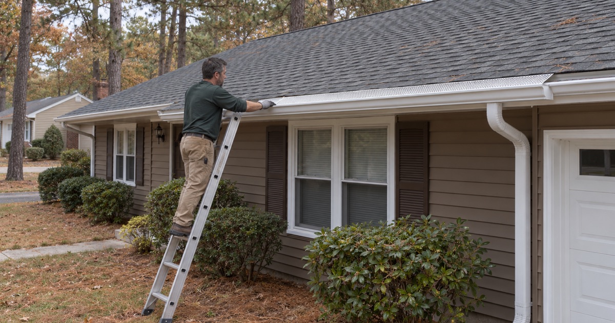 A gutter guard fitted on a Manchester ranch under the Pinelands pitch pines