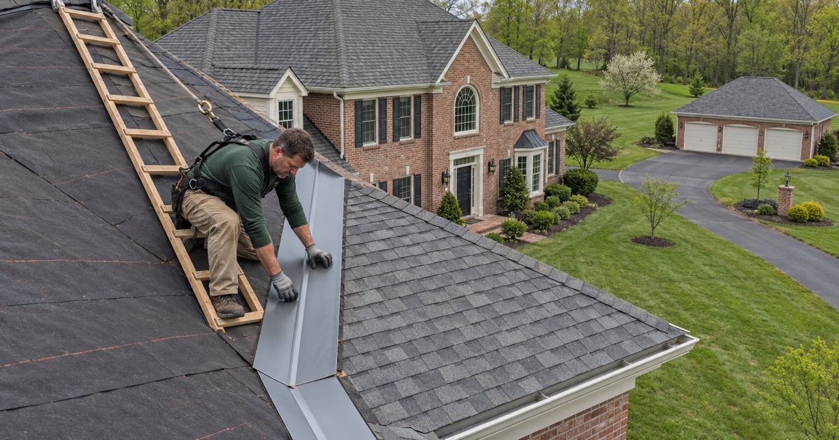 A roofer setting metal valley flashing where two wings meet on a large Millstone Township house.