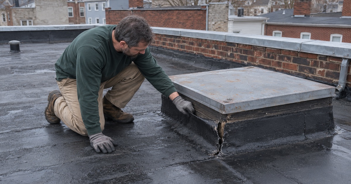A roofer checking the hatch on the flat roof of a small apartment building in Mount Holly.