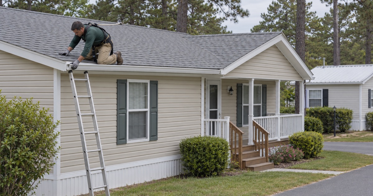 A roofer re-securing the eave trim on the low shingle roof of a manufactured home at Pine Ridge at Crestwood.