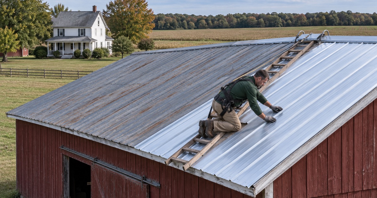 A roofer fastening a new steel panel on a pole barn at a Plumsted farm, the farmhouse roof behind.