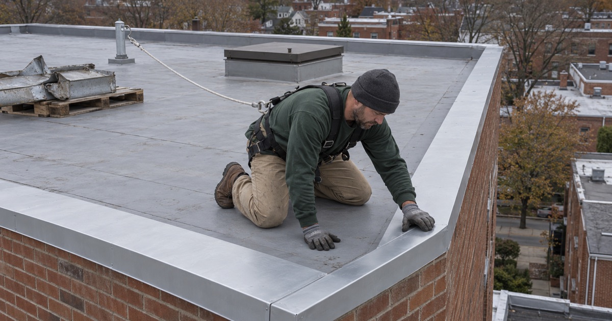 New edge metal being fastened along the perimeter of a mid-rise apartment roof in Red Bank after a windstorm.