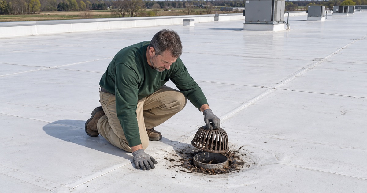 A roofer clearing a roof drain on the vast low-slope roof of a Robbinsville distribution building.