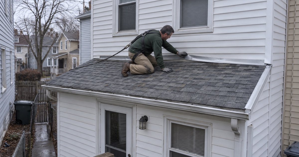 A roofer checking the low roof that sits under a taller wall on a South Amboy house after a heavy snowstorm.