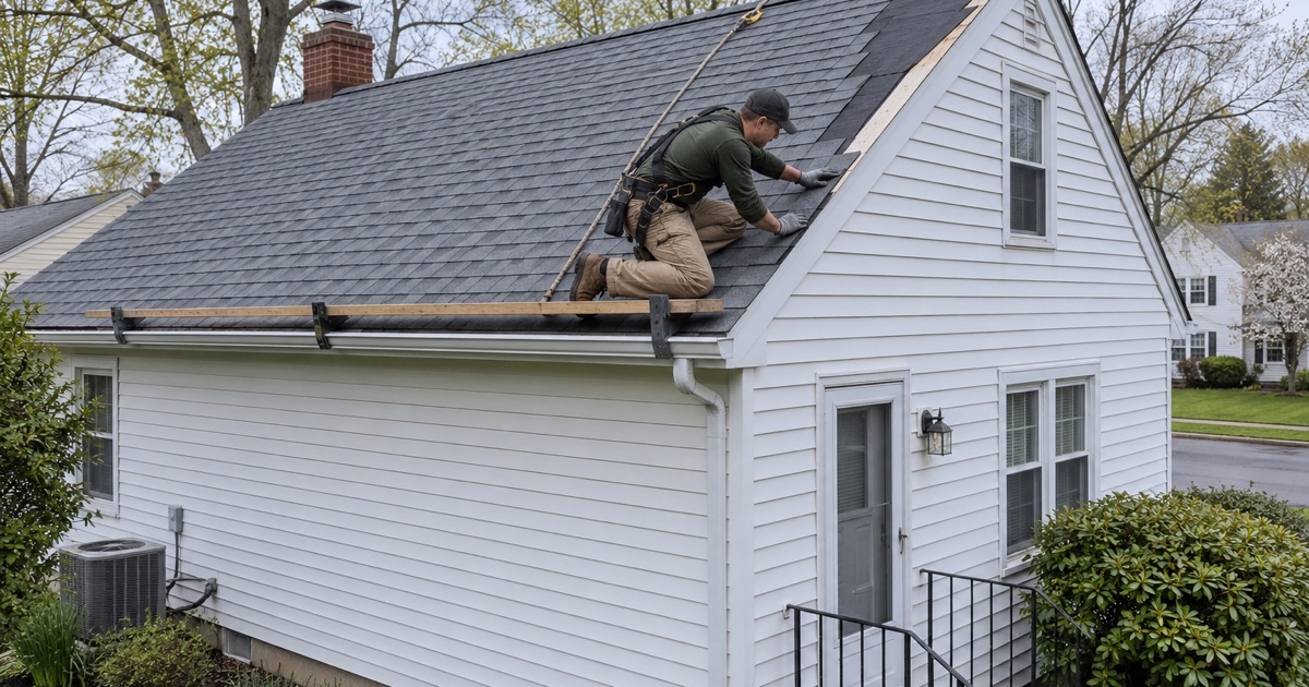 A new roof going on an older one-story house on South River’s low ground