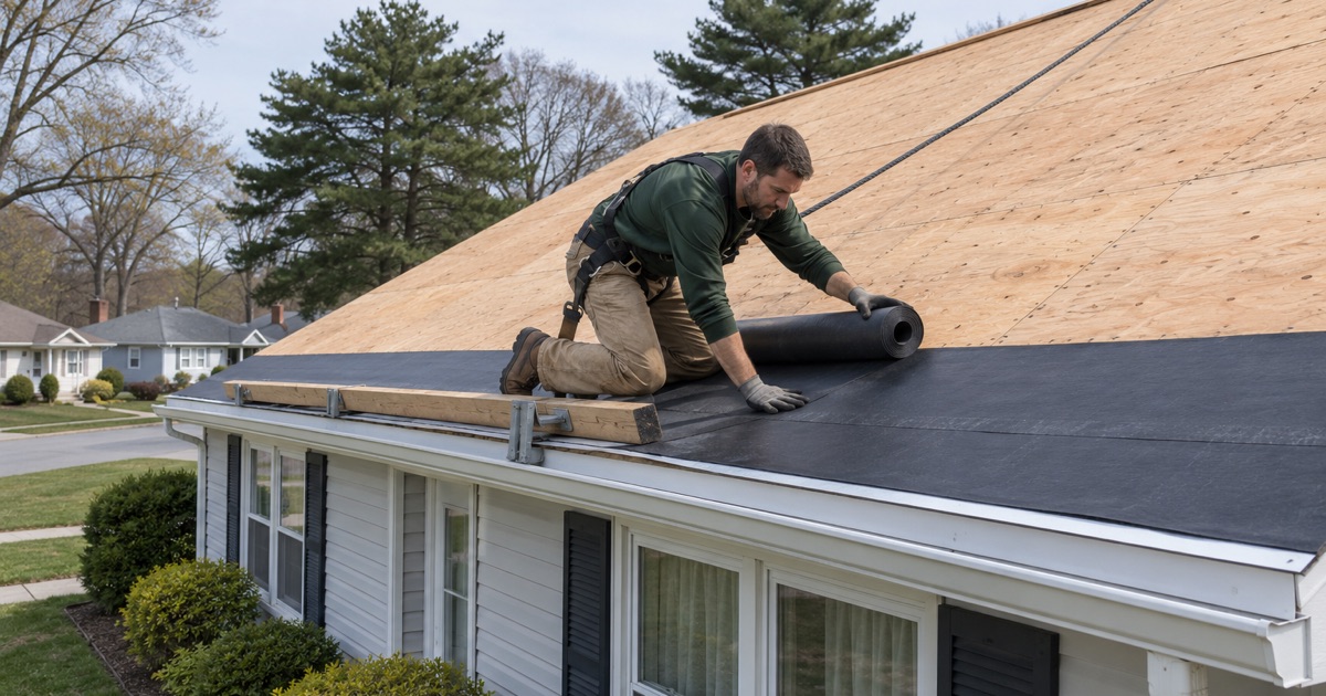 Ice-and-water underlayment being rolled out along the eave of a Southampton ranch during a re-roof.
