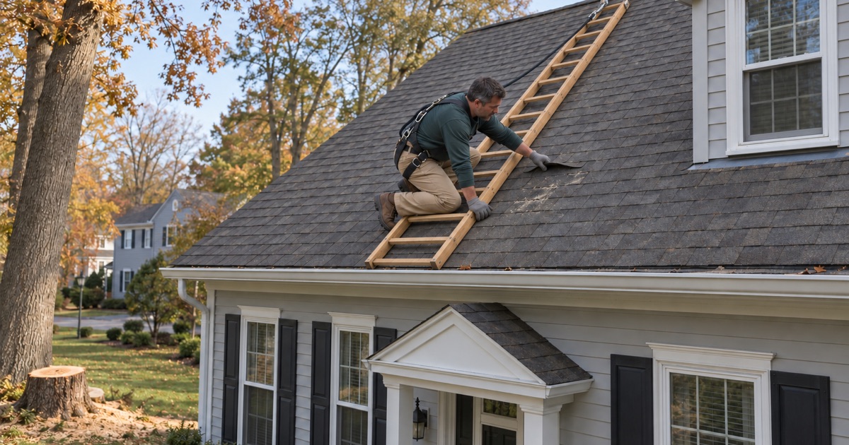 A roofer checking a Tinton Falls roof for damage where a large oak hung over it before it was taken down.