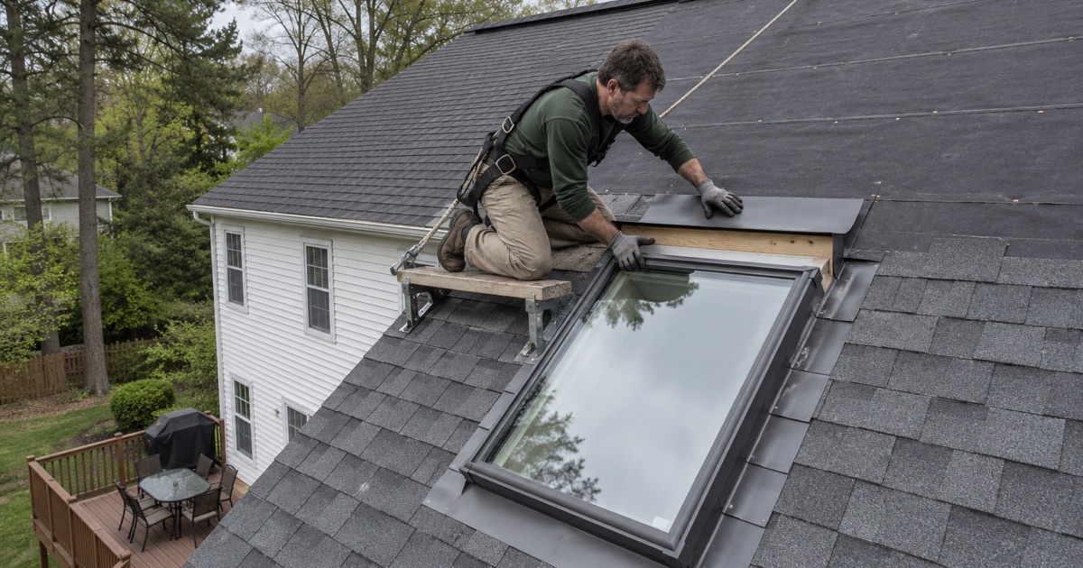 A new skylight being flashed into the rear slope of a Jackson Township colonial.