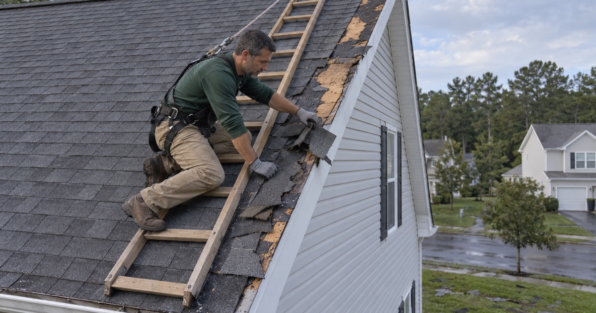 A roofer clearing wind-torn shingles from the rake edge of a Jackson Township house after a storm.